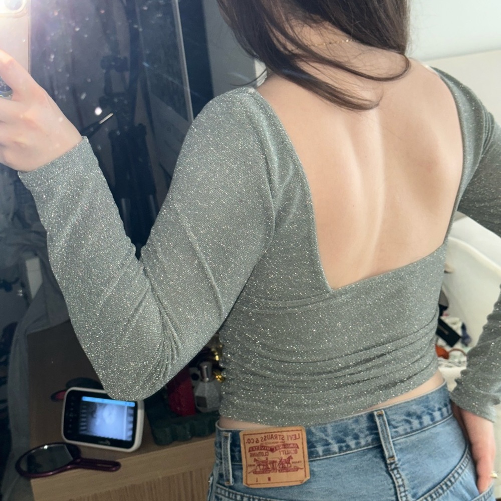 Gaze Glittery Gray Long Sleeve Top